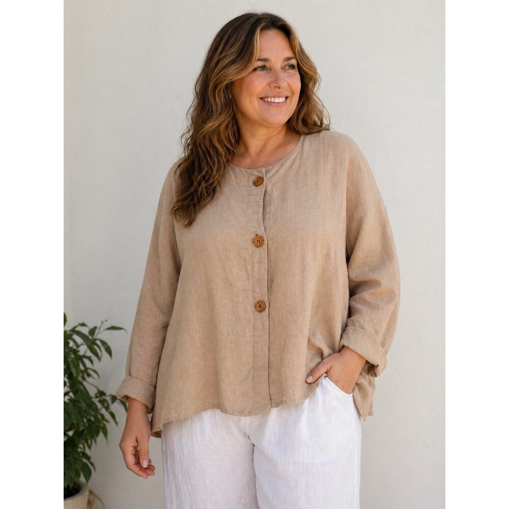 What's Up Vintage 100% Linen Beige Button Front Shirt Lagenlook Womens medium
